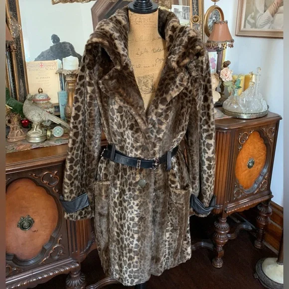 Vintage Amazing Sexy Classy Boho Soft Faux Fur Leopard Print High Collared Coat - Picture 6 of 16